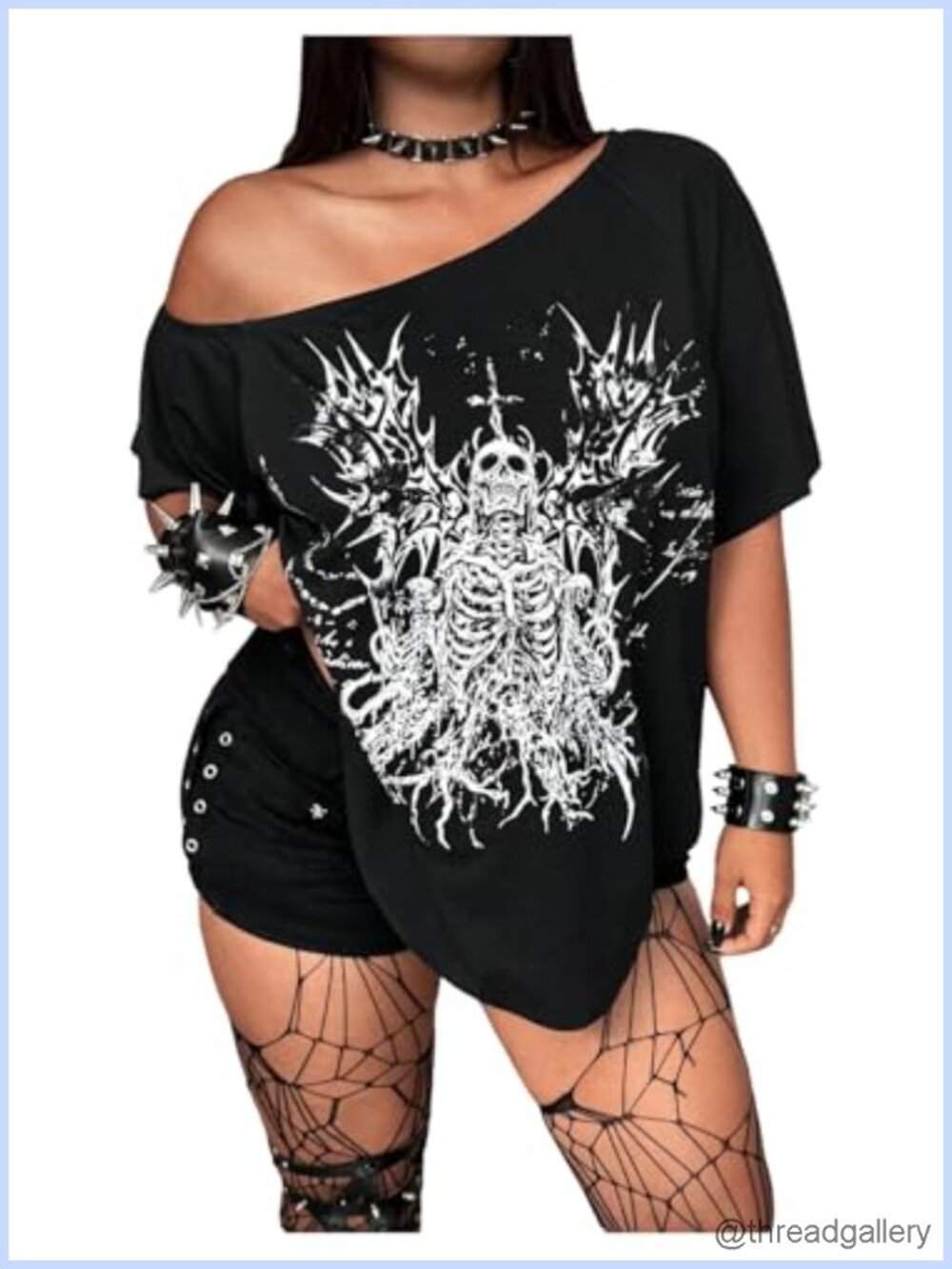 Plus Size Skull Off Shoulder Oversized Grunge Punk Gothic Short Sleeve Top